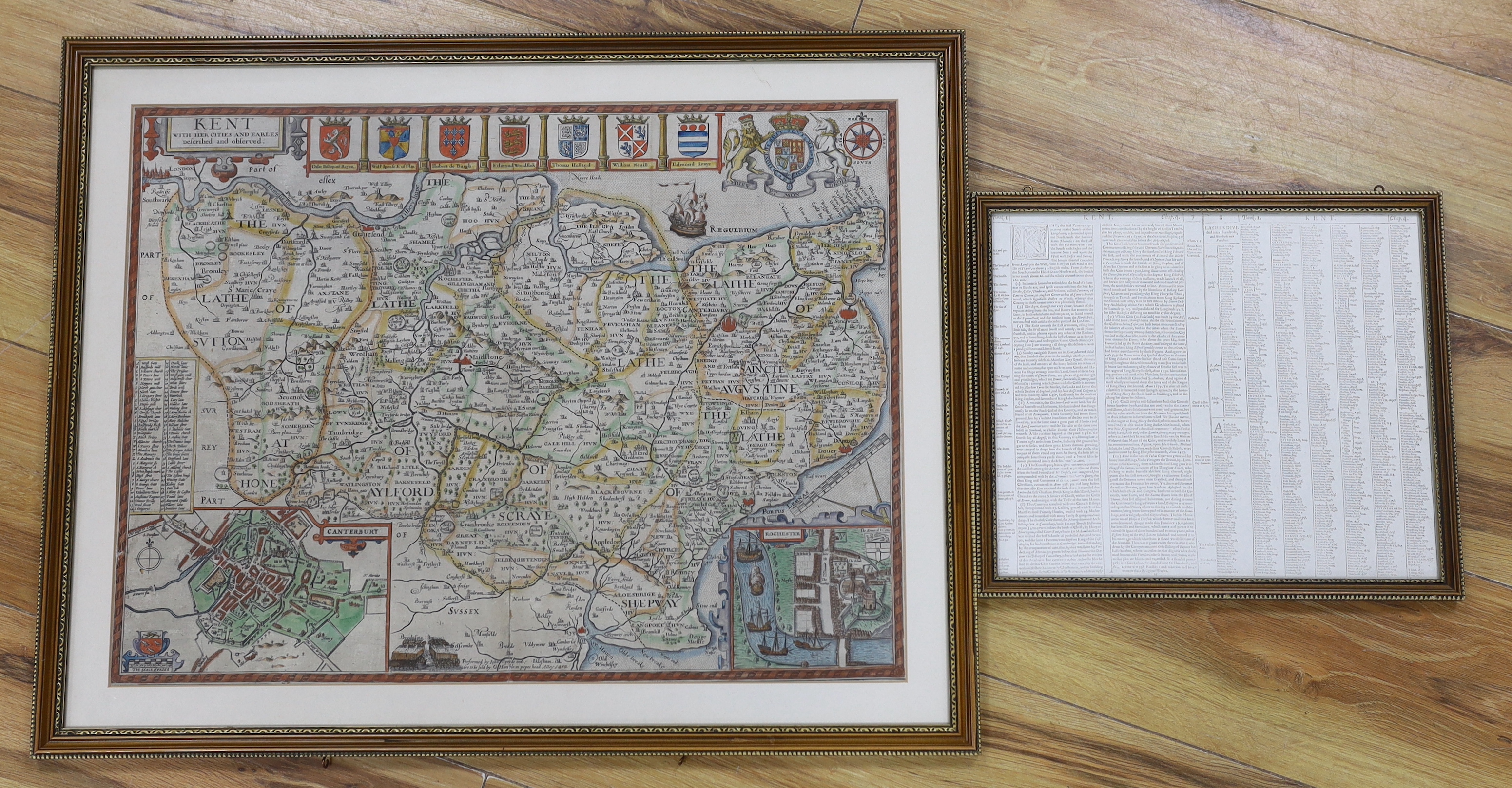 John Speede (1552-1629) Antique hand coloured Map of Kent with her Cities and Earles, publ. G. Humble, The Parker Gallery label verso, 49 x 37cm